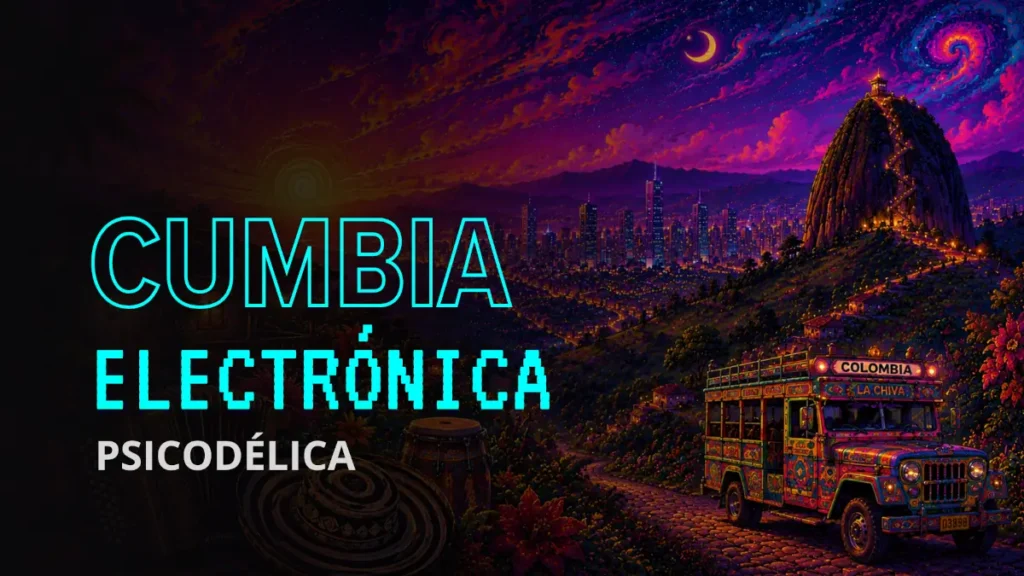 Una imagen futurista con aspecto psicodélico donde hay una chiva y la piedra del peñol al fondo.