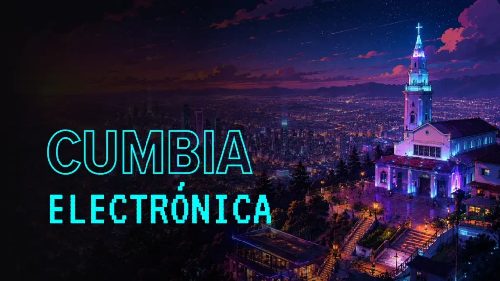 Imagen futurista de Monserrate con el texto que dice Cumbia Electrónica. Al fondo se ve la ciudad de Bogotá