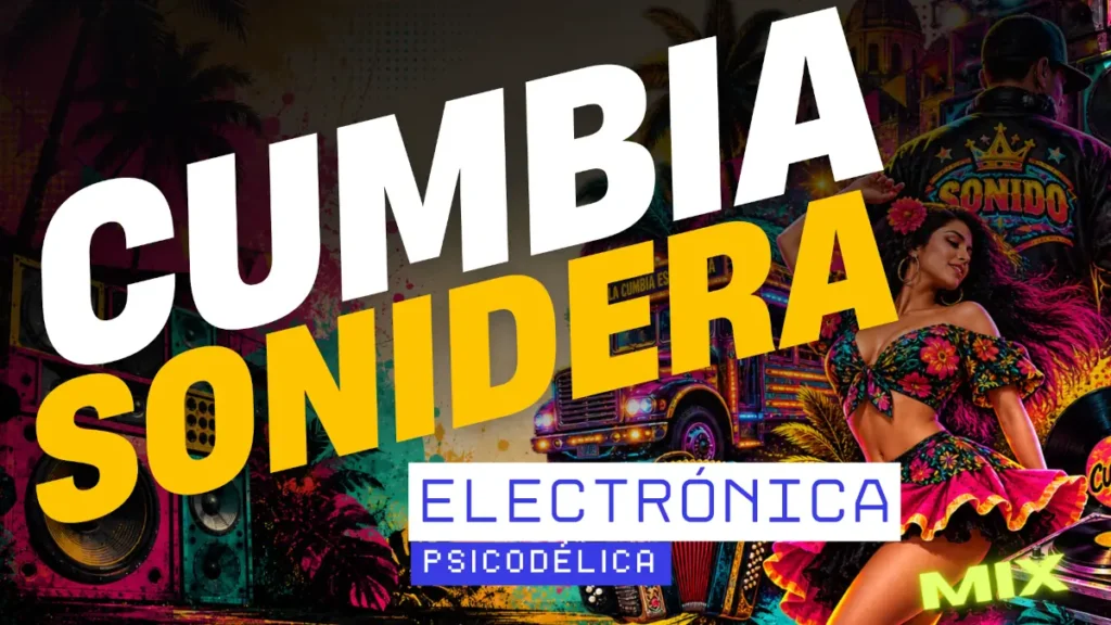 Una imagen con una mujer bailando y el texto Cumbia Sonidera, Electrónica Psicodélica