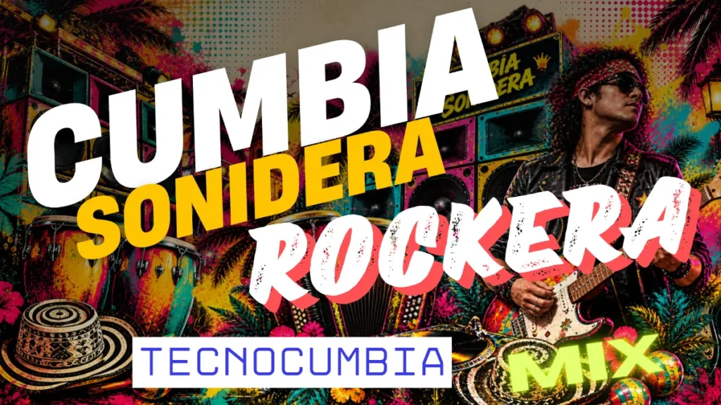 A la derecha un hombre tocando una guitarra eléctrica y una frase que dice: Cumbia Sonidera Rockera. Tecnocumbia