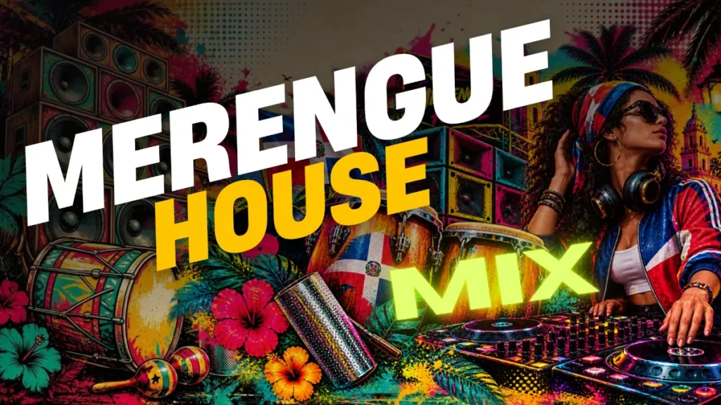A la derecha una mujer con una consola de DJ. La frase Merengue House Mix.