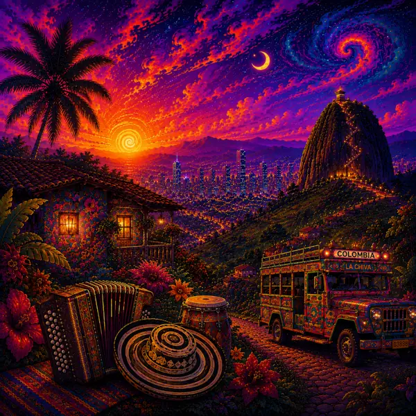 Imagen de portada del Álbum: Cumbia Psicodélica Colombiana Vol I. Al fondo está la Piedra del Peñol de Guatapé, abajo un camino con una Chiva.