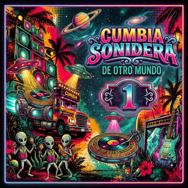 Carátula del album: Cumbia Sonidera de Otro Mundo I. Tiene ovnis, extraterrestres y un tornamesa. Tiene el texto Cumbia Sonidera de Otro Mundo I.