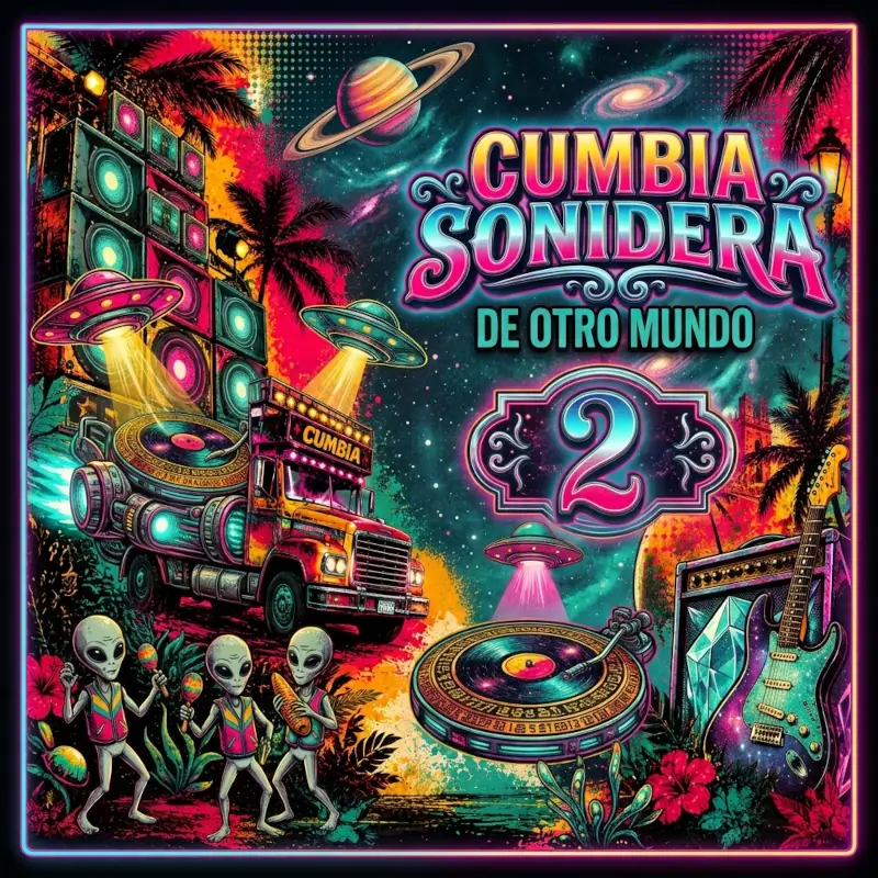 Carátula del album: Cumbia Sonidera de Otro Mundo II. Tiene ovnis, extraterrestres y un tornamesa. Tiene el texto Cumbia Sonidera de Otro Mundo II.