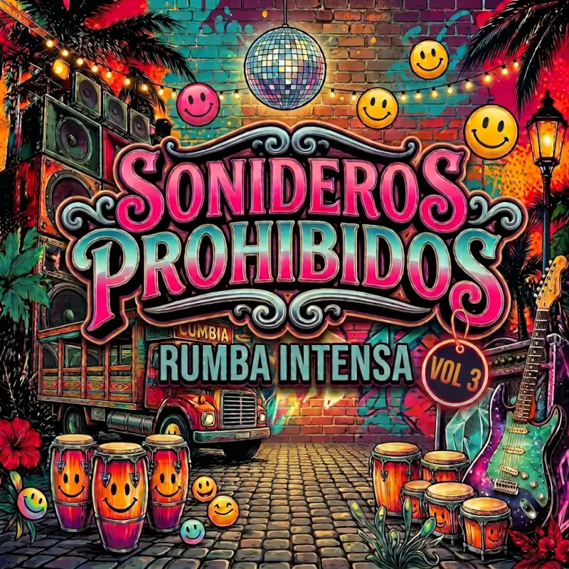 Imagen de carátula del disco Sonideros Prohibidos 3. Rumba intensa. Hay varios instrumentos y emojis de caras felices.